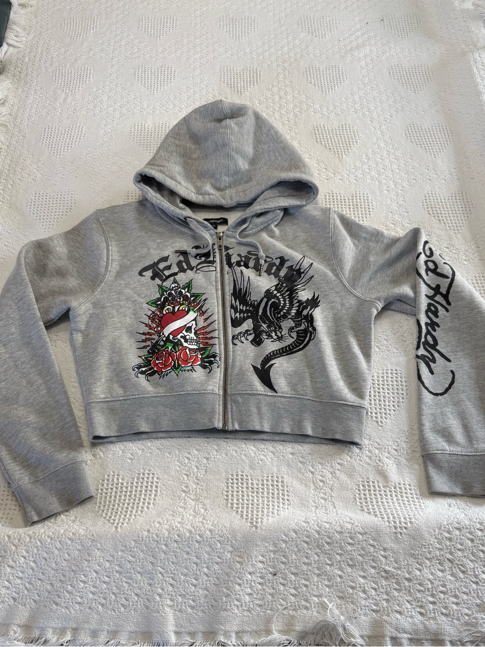 Ed Hardy Cropped Gray Graphic Hoodie (XL)
